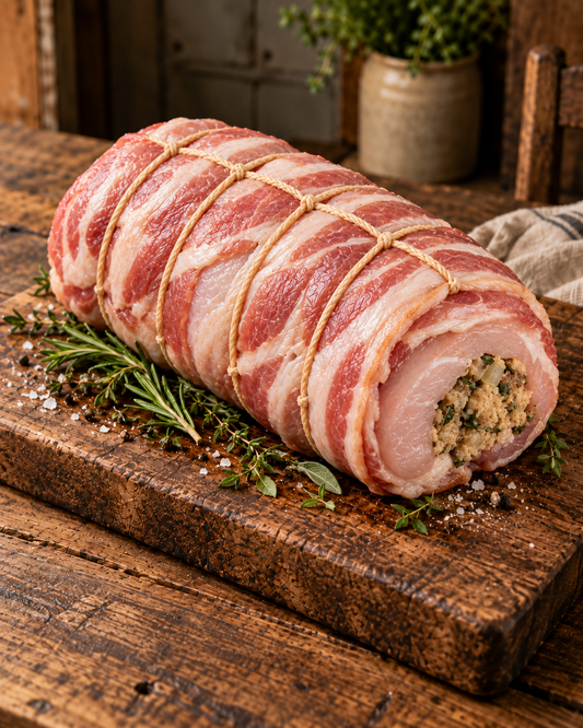 Rolled and stuffed turkey breast, wrapped in bacon (3kg)
